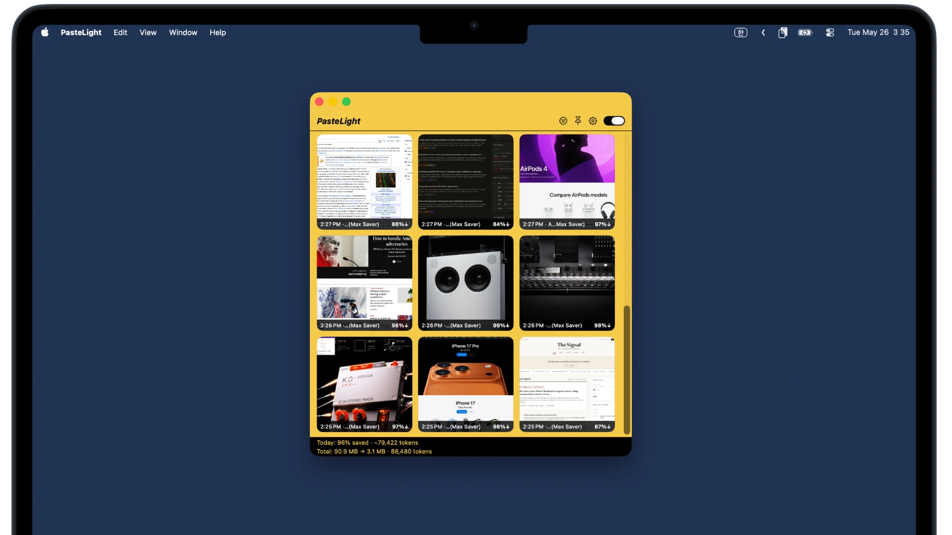 PasteLight running on macOS — a grid of compressed screenshots with per-item token savings and a daily total