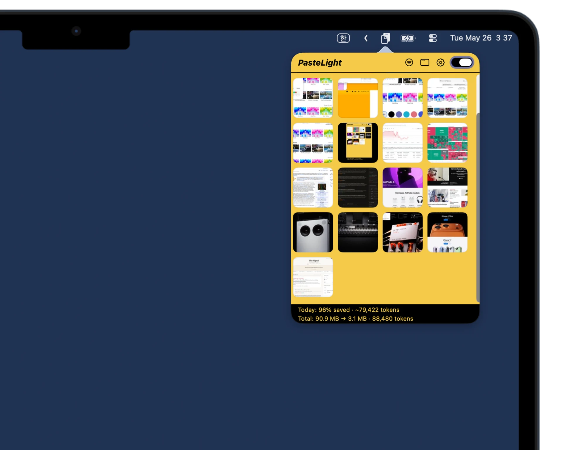 PasteLight popover dropping down from the macOS menu bar, showing recent clipboard screenshots and daily token savings