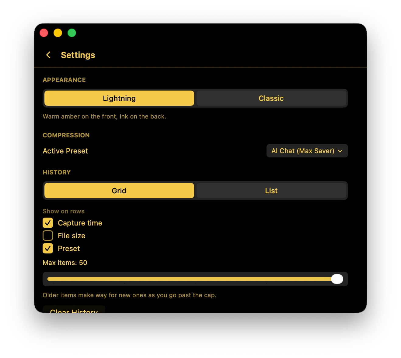 PasteLight Settings panel with Lightning theme selected, AI Chat (Max Saver) preset active, grid view, and a max-items slider at 50